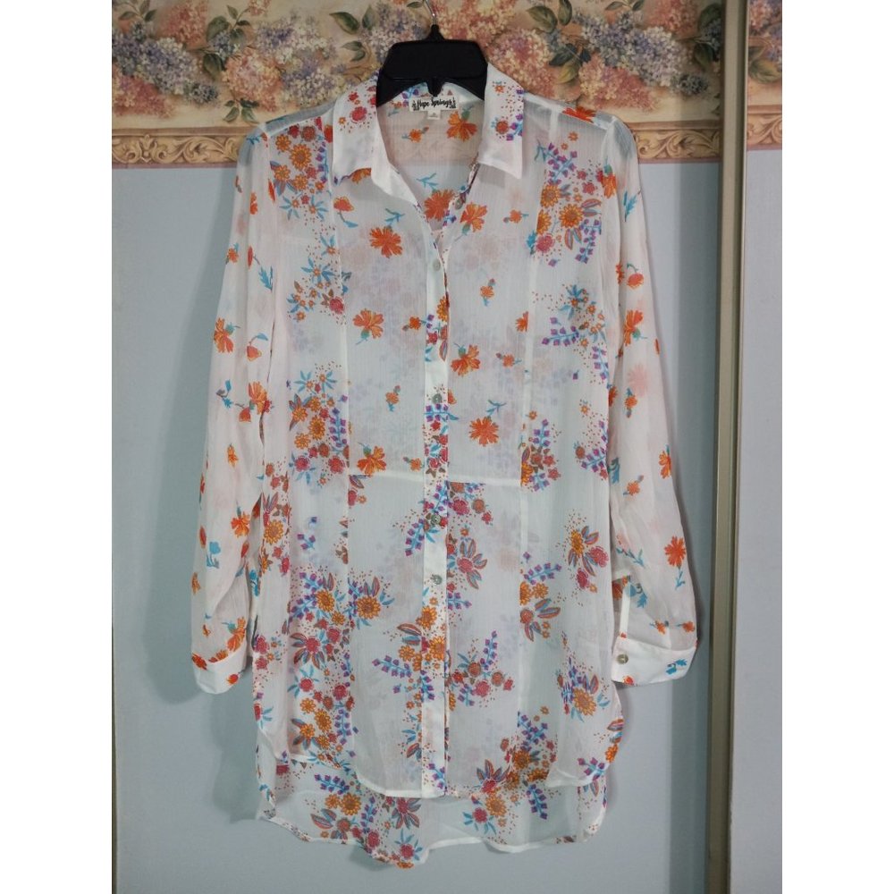 Hope Springs Small Tunic Floral Hi/Lo Sheer Flowy Casual Cover Up Button Down To